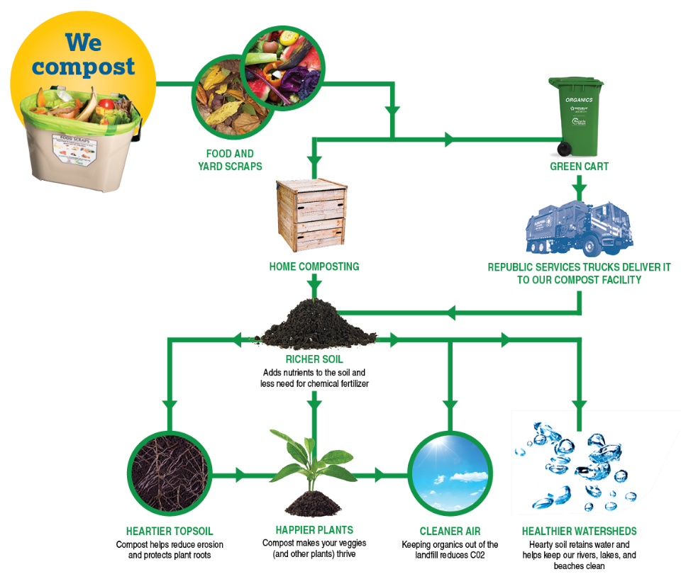Food and yard scraps can be used for compost in two ways: they can go in the green cart where Republic Services trucks pick them up and take them to our compost facility, or you can use them to compost at home. Compost adds nutrients to the soil which can benefit the environment in other ways: it creates heartier top soil to help reduce erosion and protect plant roots; it helps your vegetables and other plants thrive; it keeps organics out of the landfill which reduces CO2; and it helps soil retain water which keeps our rivers, lakes and beaches clean. 